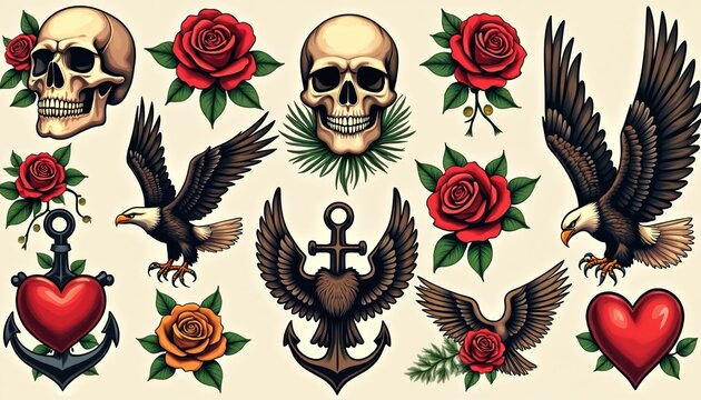 Collection of classic American traditional tattoo designs including skulls roses eagles anchors, hearts. Tattoo flash art set features bold lines bright colors, iconic old school motifs for various