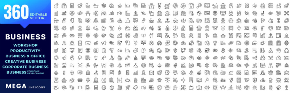 Mega business line icon collection. Business economic development, office, workshop, corporate, productivity, creative, and management big UI icon set. Vector editable stroke