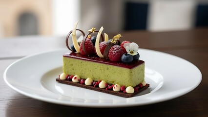 Elegant pistachio dessert with fresh berries and chocolate decoration
