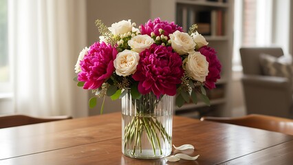 Fresh bouquet of pink and white peonies in clear glass vase