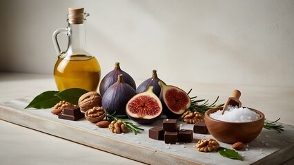Fresh figs and chocolate with olive oil and sea salt on wooden board