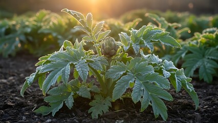 Fresh green mint plants growing in morning sunlight