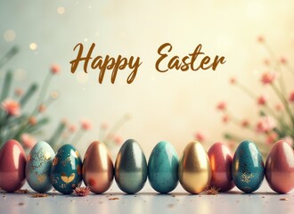 shiny coloured eggs in a row on smooth surface .Happy Easter text above