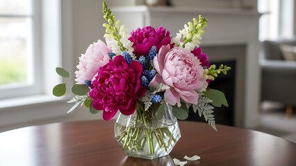 Fresh mixed flower bouquet in clear glass vase on wooden table