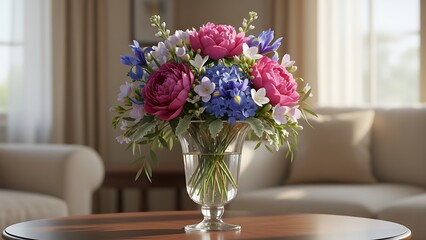 Fresh mixed flower bouquet in clear glass vase on wooden table