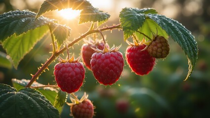 Fresh ripe strawberries growing on green leafy plant in sunlight