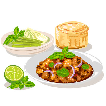 Thai Spicy Minced Pork Salad (Larb Moo) vector illustration isolated on white background