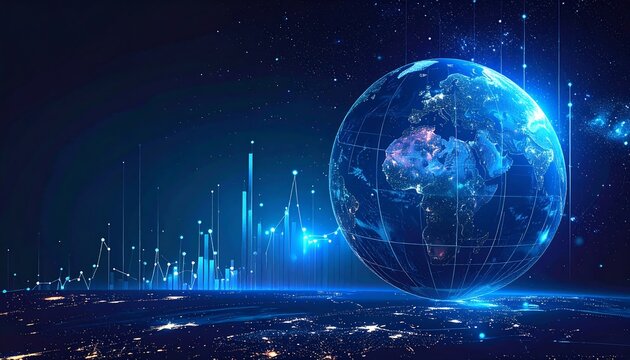 A digital visualization features a vibrant, glowing globe, surrounded by data bars and starry space, conveying a sense of interconnectedness - Powered by Adobe