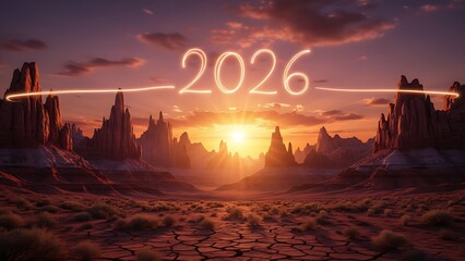Futuristic landscape with glowing year 2026 at sunrise