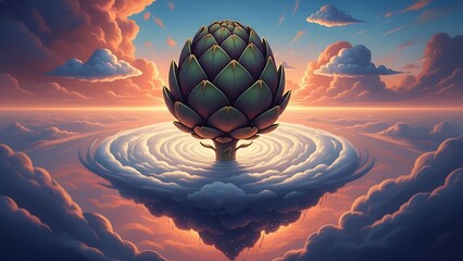 Giant artichoke floating over surreal desert landscape at sunset