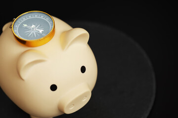 Piggy Bank with Compass Symbolizing Financial Guidance and Strategic Saving