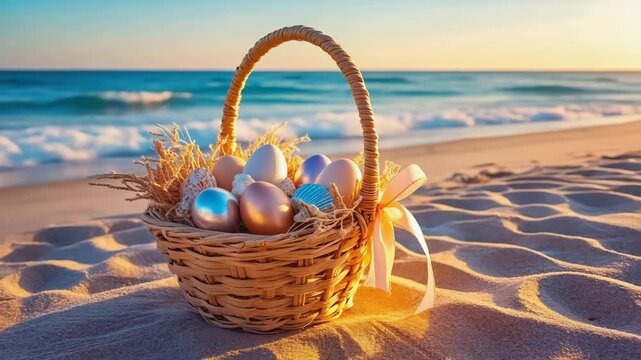 Easter basket with colorful eggs on sandy beach near ocean waves at sunset