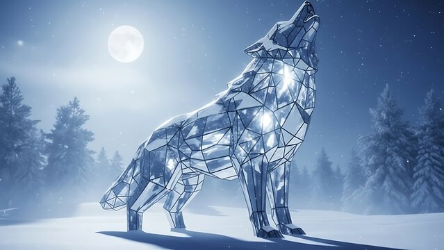 Geometric wireframe wolf howling at full moon in snowy forest
