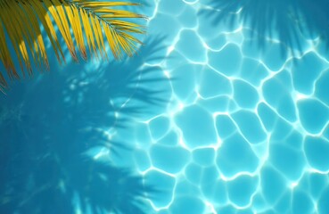 Obraz premium Clear blue pool water surface with rippling light patterns and soft shadows from yellow palm fronds. Perfect for summer vacation or resort themes.