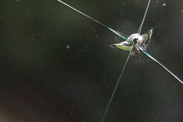 Close-Up of Cracked Glass with Bullet Hole and Radiating Fractures in Dark Background