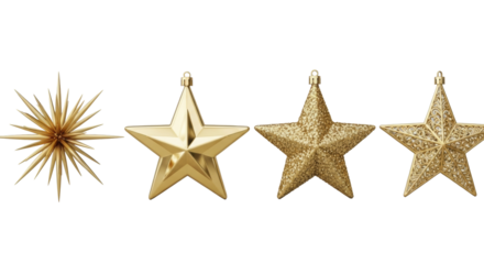 four distinct golden stars (starburst, classic, glittered, ornate filigree) horizontally arrayed on a transparent background, showcasing material luxury. concept of cohesive golden festive ornaments