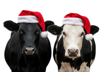 An adult black angus cow and a holstein cow side-by-side, both wearing red velvet santa hats, looking at the camera on a transparent studio background, humorous festive animal concept
