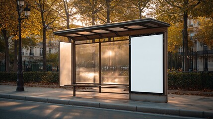 Bus stop billboard Mockup in empty street in Paris. Parisian style hoarding advertisement close to a park in beautiful city