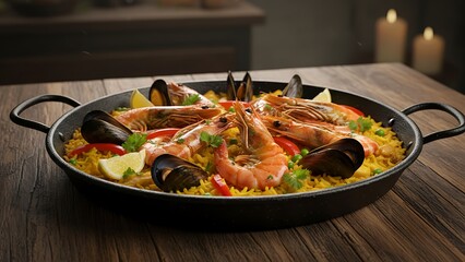 Grilled seafood paella in a cast iron pan with mussels and shrimp