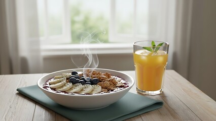 Healthy breakfast bowl with banana blueberries nuts and orange juice