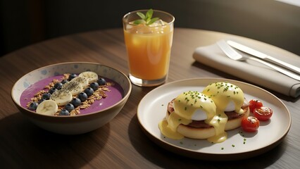 Healthy breakfast bowls with fresh fruit and poached eggs on toast