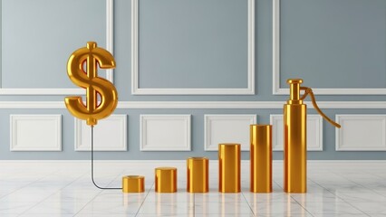 Golden dollar sign balloon connected to a rising bar chart with a gas pump nozzle, symbolizing increasing fuel prices and inflation.