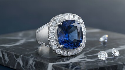 Luxury silver ring with oval blue gemstone and diamond accents