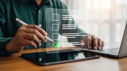 A person's hand using a stylus to check off an item on a transparent digital checklist interface