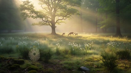 Misty forest meadow with deer at sunrise and spiderweb