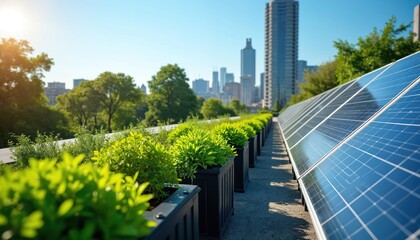 Rooftop garden with solar panels provides green energy. Urban farming with plants and vegetables grows near city skyline. Clean tech for future.