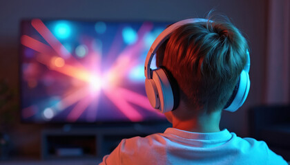 Boy with headphones plays video game on large screen in dark room. Colorful lights reflect on childs face and screen. Child enjoys virtual reality entertainment.