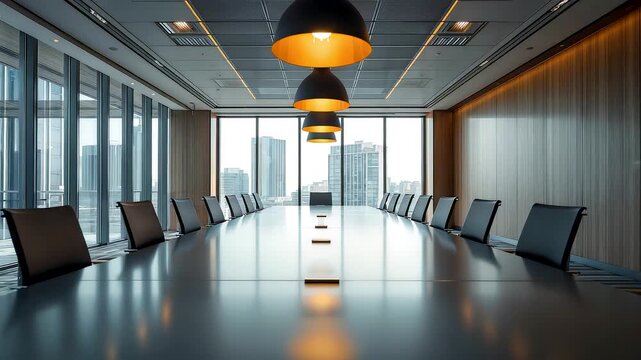 Modern corporate boardroom with long conference table black chairs pendant lights and city skyline view