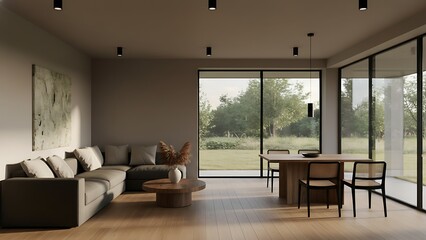 Modern minimalist living room with large glass doors overlooking garden