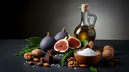 Natural ingredients and figs with olive oil and chocolate pieces
