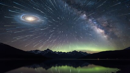 Night sky with star trails and aurora over calm mountain lake