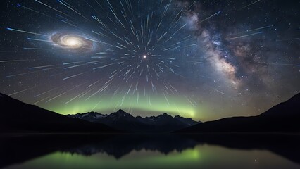 Night sky with star trails and aurora over mountain lake reflection