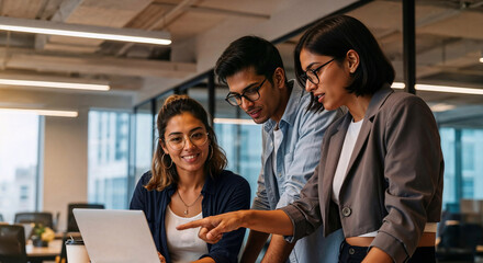 Inclusive startup team brainstorming digital strategy in modern corporate workspace