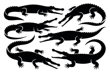 Obraz premium A group of black crocodile silhouettes on a white background illustration
