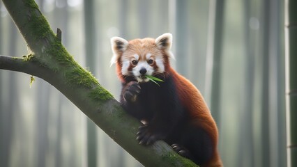 Red panda climbing on mossy bamboo branch in enclosure