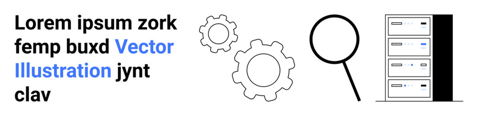 Data analysis, technology development, digital research, server management, information systems, process optimization. Gears, server rack magnifying glass. Data analysis and technology development © robu_s