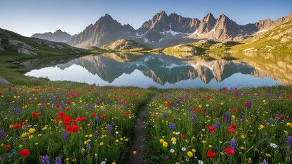 Serene mountain lake with wildflowers reflecting snow capped peaks
