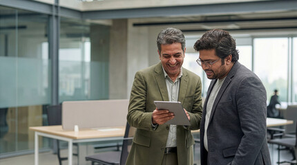 Corporate mentors collaborating on strategic growth plan using handheld device in open plan headquarters