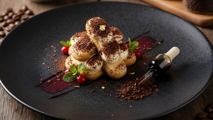 Stacked chocolate covered profiteroles with raspberries and mint garnish