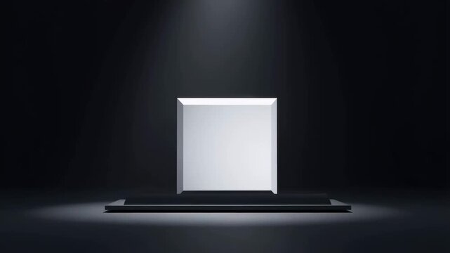 A sleek white rectangular block rises from a dark stage, illuminated by a spotlight. Ideal for product showcases.