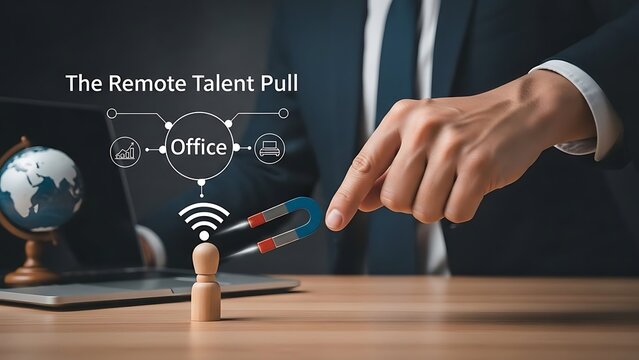 Businessman attracting remote talent with magnet in modern office - Powered by Adobe