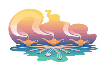 Vibrant genie lamps floating on water with spoons