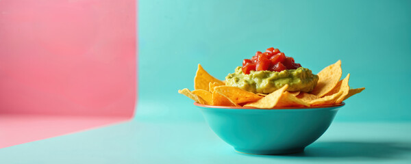 Corn tortilla chips served with creamy guacamole and diced tomato salsa in teal bowl. Brightly colored background, Mexican food snack, party appetizer, fresh ingredients, studio shot.