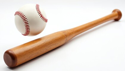 Wooden baseball bat and white ball isolated on white background. This image represents sports equipment ready for game. Practice hitting or competition.
