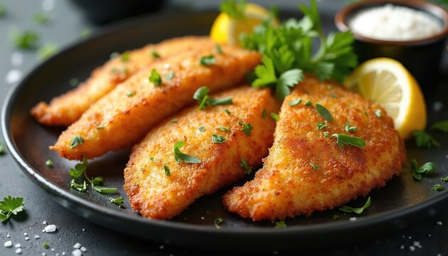 Golden fried breaded tilapia fish fillets served on black plate with lemon wedges and fresh herbs. Delicious savory seafood meal ready for dining.