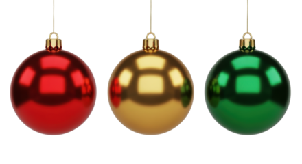 three meticulously crafted, glossy red, gold, and emerald green christmas ornaments suspended horizontally, studio lit against a clean transparent background. concept of elegant festive presentation